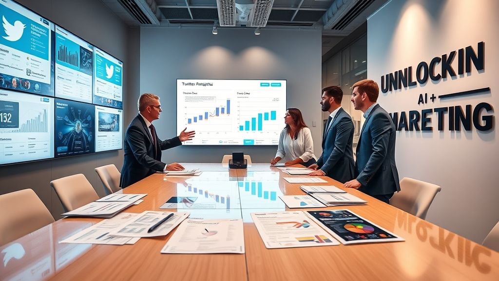 Business executives discussing how to drive business growth through AI+marketing strategies using Twitter data analysis in a modern office.